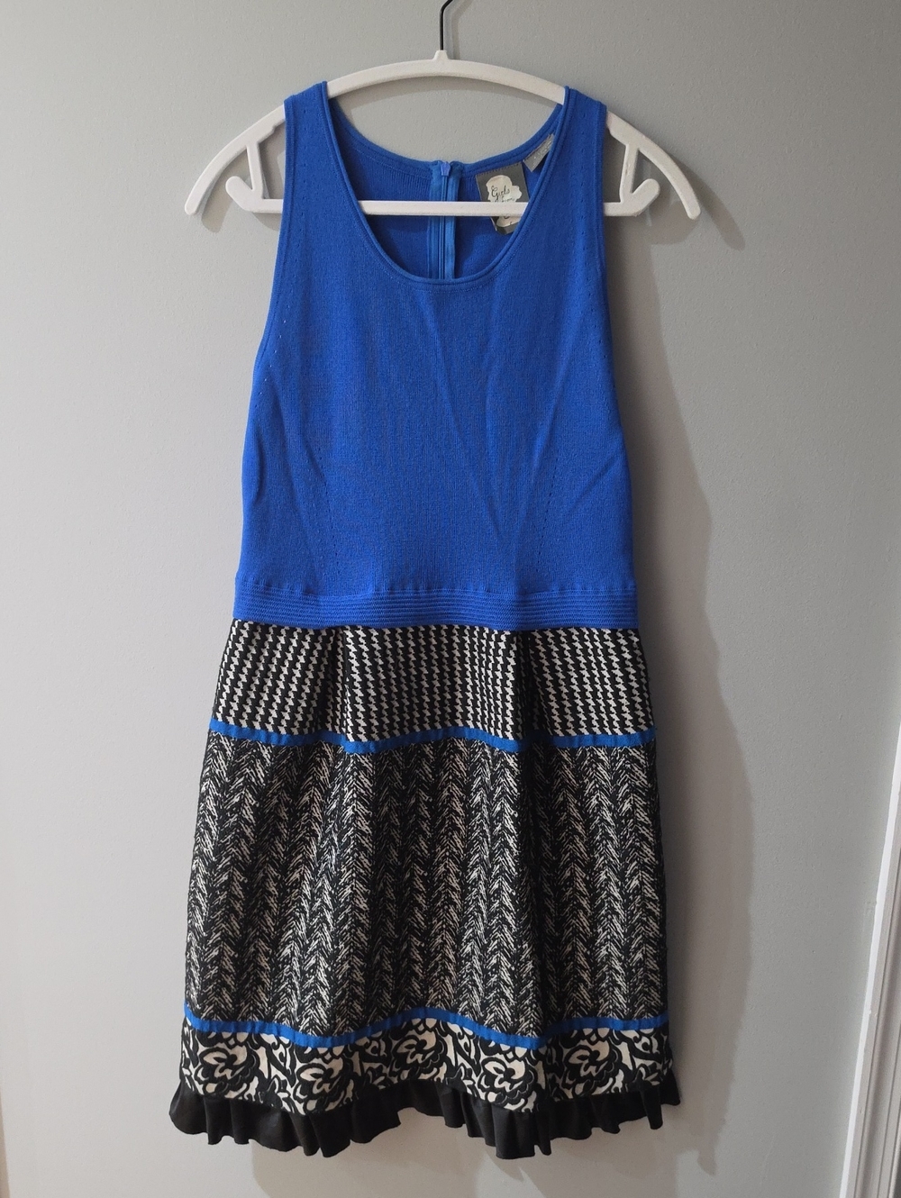 Anthropologie Blue Sleeveless Midi Dress with Patterned Black Skirt